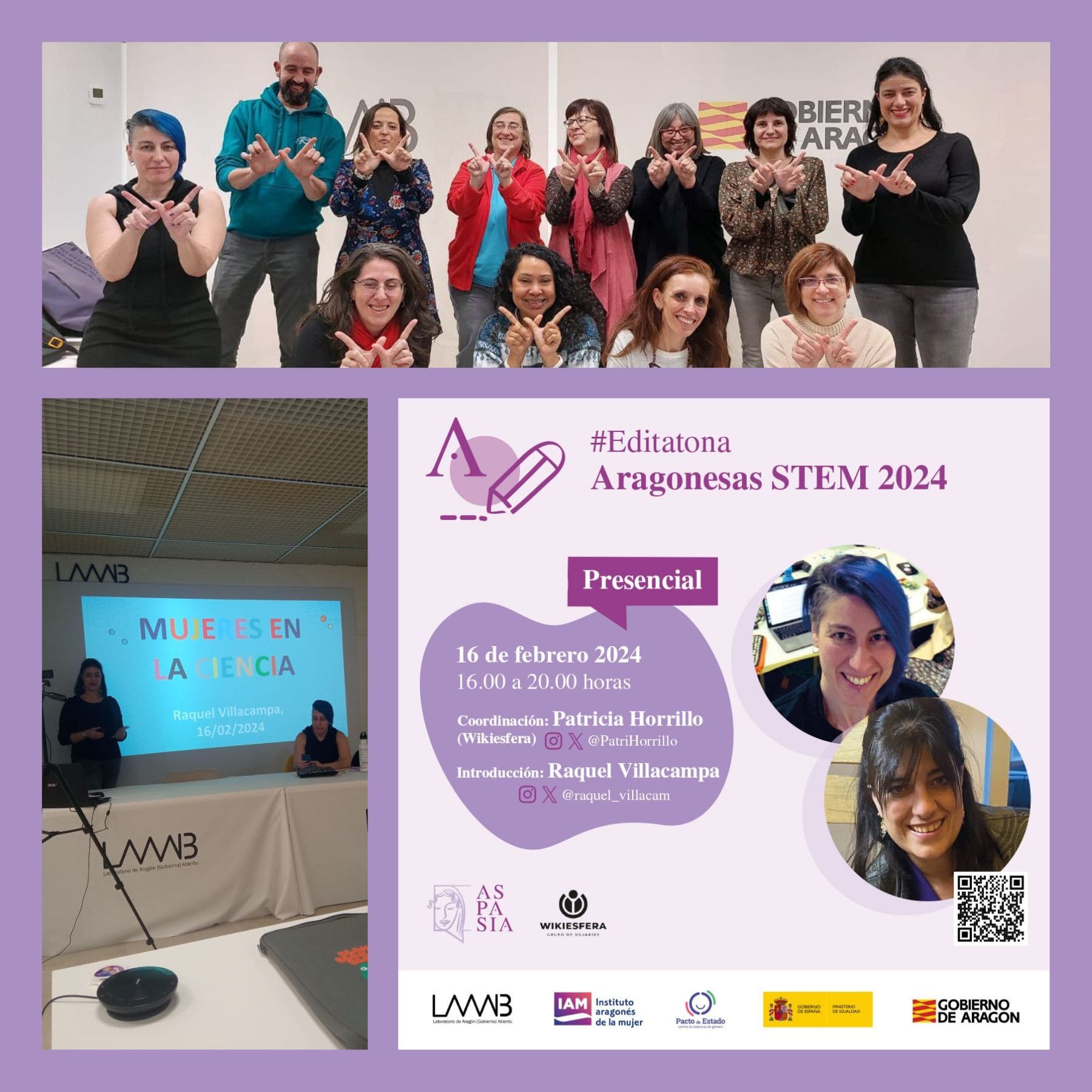 Asistentes y cartel de la editatona mujeres aragonesas STEM 2024